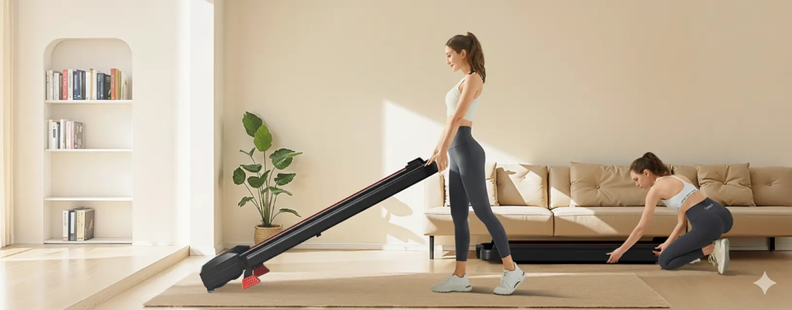 Tapis de marche Lontek facilement rangé sous un canapé - Gain de place optimal